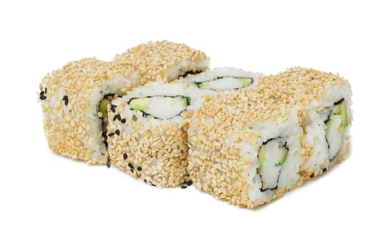 Various kinds of sushi and sashimi on white background