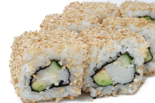 Various kinds of sushi and sashimi on white background