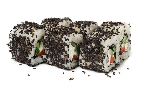 Various kinds of sushi and sashimi on white background