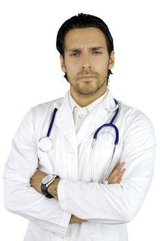 Serious good looking doctor with beard standing
