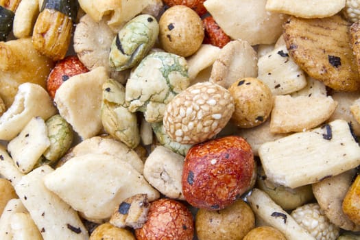 Colorful and delicious rice crackers background