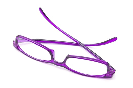 Beautiful purple glasses closeup on white background 