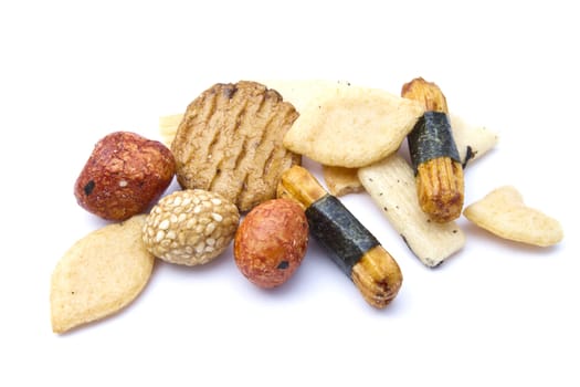 Delicious rice crackers closseup on white background