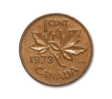 One cent Canadian copper coin with path on white
