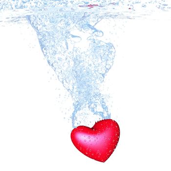 heart dropped into water over white background