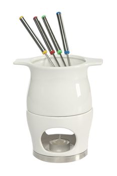 ceramic fondue set with silver colored forks 
