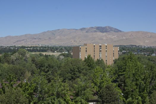 a large building in the trees. aerial shot.