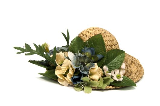 Woven Hat with flowers on white background