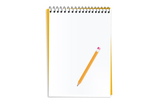 Yellow pencil on a notebook on white background.