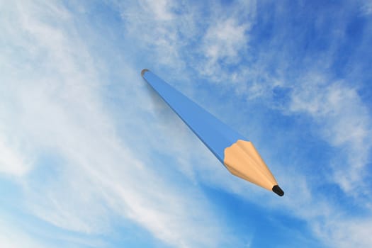 Blue pencil on blue, cloudy sky with shadow.