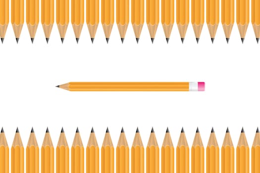 Yellow pencils in a row with one centered pencil on white background.