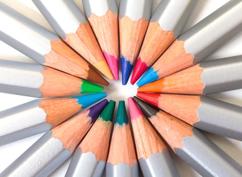 Multicolored Pencil, Arrangement in Circle, closeup