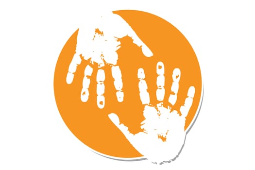 Orange hand print label with shadow on white background.