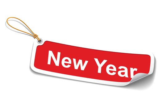 Red new year label on white background with sticker shadow.