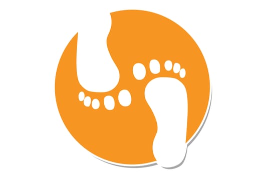 Orange foot print label with shadow on white background.