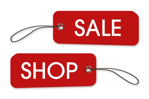 Red shop and sale labels with rope on white background.