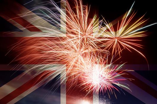 UK Great Britain Union Jack Flag with Fireworks Background
