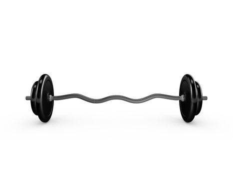 Black shiny barbell on white background with shadows.