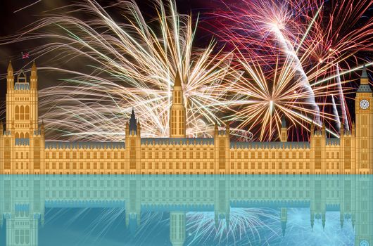 UK London England Westminster Palace Skyline with Fireworks Background