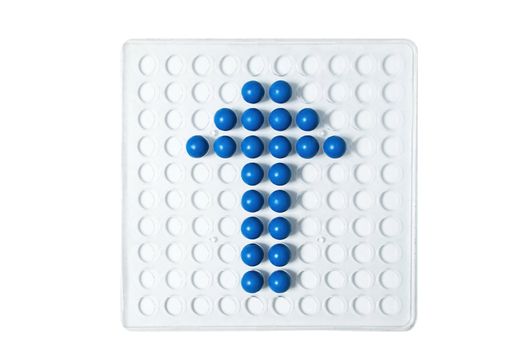 The blue arrow of the round balls on a white background.