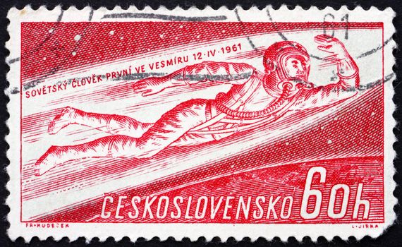 CZECHOSLOVAKIA - CIRCA 1961: a stamp printed in the Czechoslovakia shows Man Flying into Space, Yuri A. Gagarin, 1st Man in Space, circa 1961