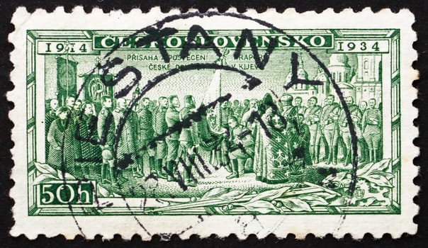 CZECHOSLOVAKIA - CIRCA 1934: a stamp printed in the Czechoslovakia shows Consecration of Legion Colors at Kiev, circa 1934