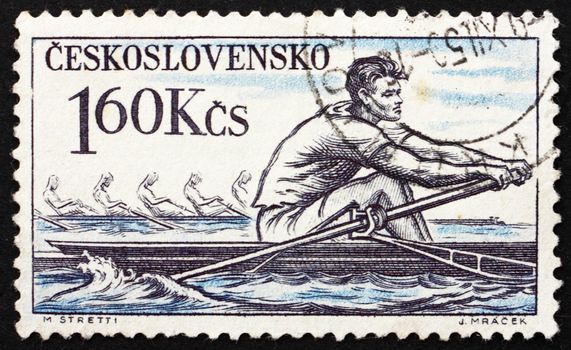 CZECHOSLOVAKIA - CIRCA 1959: a stamp printed in the Czechoslovakia shows Rowing, Olympic Sport, circa 1959
