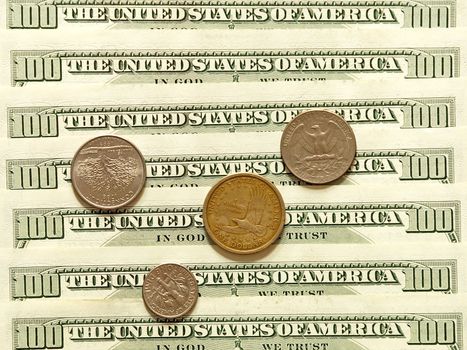 USA dollar banknotes and coins suitable as Background.