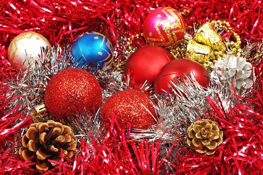 Multicolored christmas balls and decoration. 