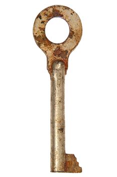 Old rusty key isolated on a white background.