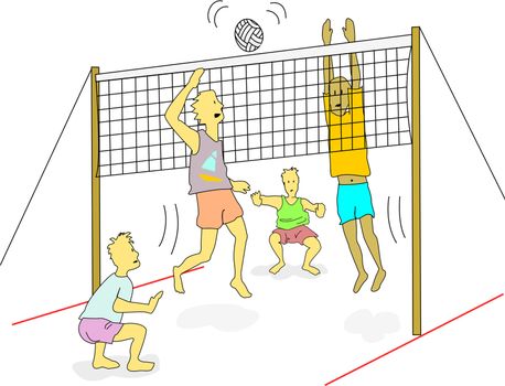 Young men wearing light weight clothes play beach volleyball outdoors.  