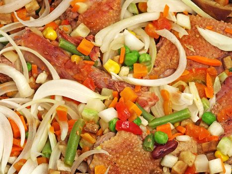 Fried duck with vegetables and onion taken closeup.