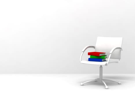 pile of varicoloured books on arm-chair on a background a white wall