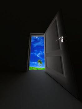 unclosed door in a dark room and spring landscape with a grass, blue sky and a tree