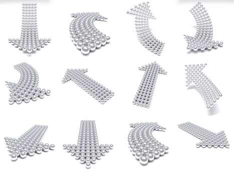 Grey arrows consisting of metal balls on a white background