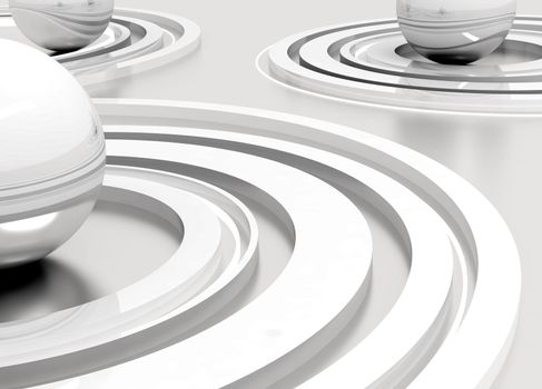 abstract metal polished spheres surrounded by lines on a grey background