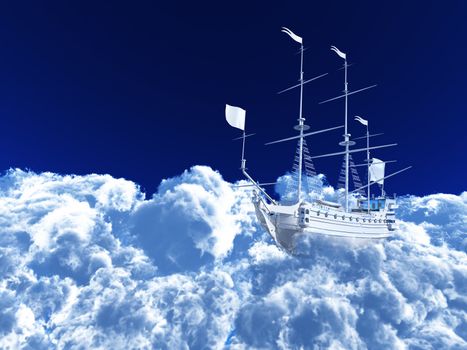 white ship soaring in cumulus clouds against the blue sky