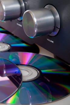 Audio - Closeup of Amplifier and CD Compact Discs