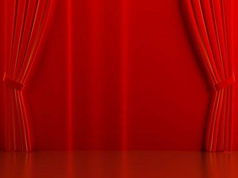 Brightly red curtains on a theatrical scene