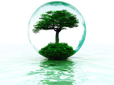 abstract liquid bubble with tree inside and their reflections