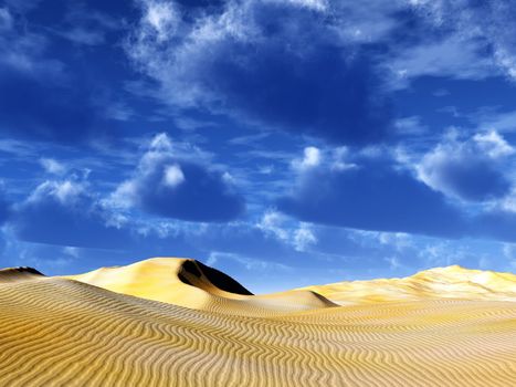 brightly yellow dunes of sand in the desert on a background blue sky