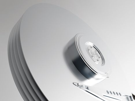 Model of metal plates and reading out head of a hard disk on a neutral background