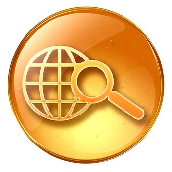 magnifier and globe icon yellow, isolated on white background.