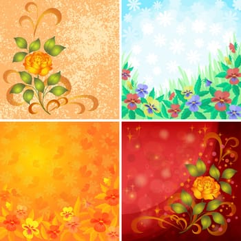 Set abstract holiday floral backgrounds with flowers pansies, roses and butterflies