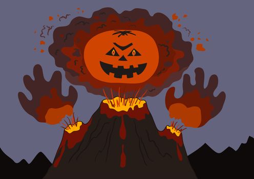 The evil erupting volcano with a human face and hands, cartoon