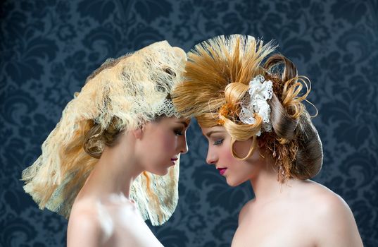 Hairdressing and makeup fashion two woman on dark background