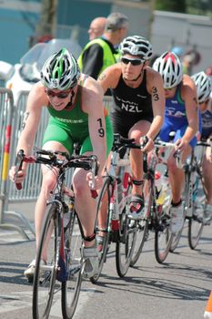 GENEVA, SWITZERLAND - JULY 22 : unidentified female cyclists at the International Geneva Triathlon, on July 22, 2012 in Geneva, Switzerland.