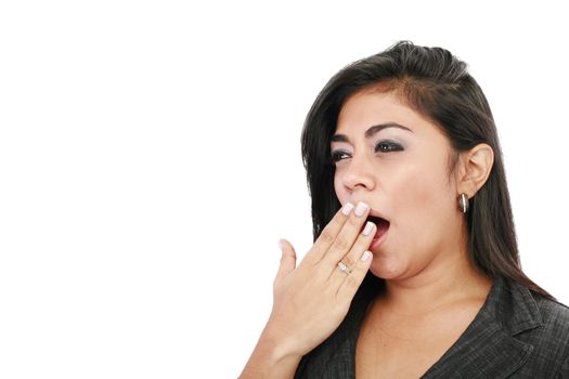 Close-up portrait of a business woman yawn, isolated on white background