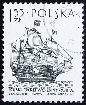 POLAND - CIRCA 1964: a stamp printed in the Poland shows Polish Warship, 1627, Sailing Ship, circa 1964