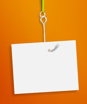 Blank sheet of paper hanging on a fishing hook on orange background